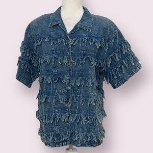 Vintage Cotton Castle Fringe Denim Shirt Button M Blue Acid Wash Button Up 90S